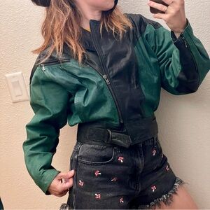 Giovanni Leather motorcycle jacket with padded shoulders color block black green